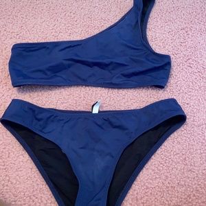 Solid and Striped Navy Blue One Shoulder Bikini